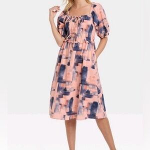 UNIVERSAL THREADS Ladies Blue and Pink Puff sleeve dress elastic open back SZ XS